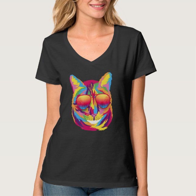 Camiseta Cool Colorful Cute Cat Sunglasses Tropical Palm Tr (Frente)