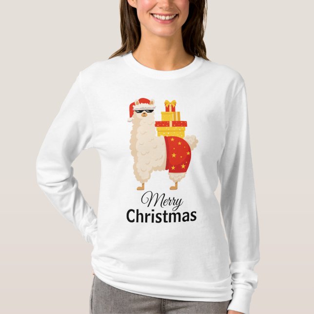 Camiseta Cool  Disco Santa Llama Funny Minimalist Christmas (Frente)