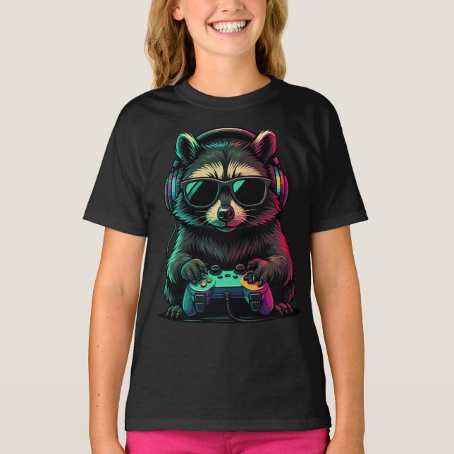 Camiseta Cool Gamer Raccoon — Headphones and Controller (Frente)