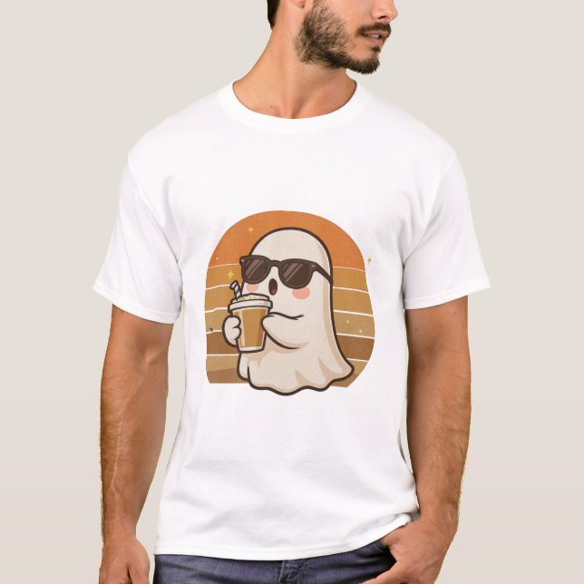 Camiseta Cool Ghost with Coffee Halloween T-Shirt  (Frente)