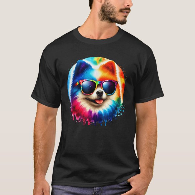 Camiseta Cool Graphic Tie Dye Sunglasses Pomeranian Dog Ill (Frente)