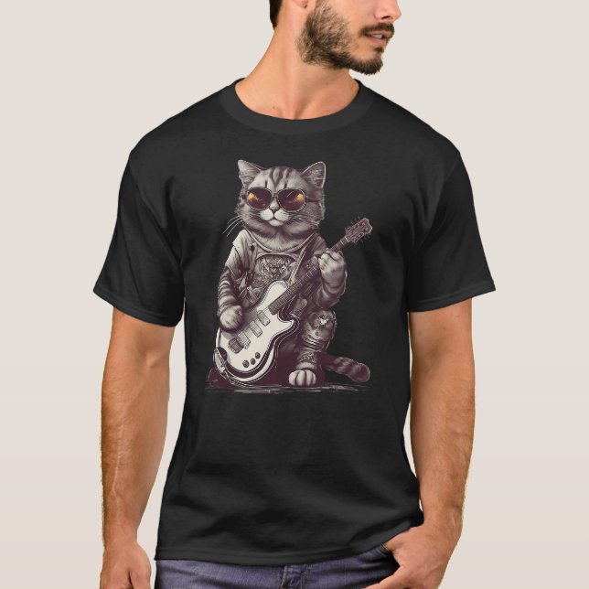 Camiseta Cool Guitar Playing Cat with Glasses - Band Rock G (Frente)