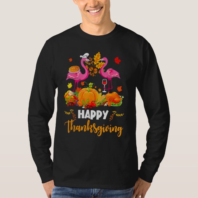 Camiseta Cool Happy Thanksgiving Flamingo Drinking Wine (Frente)