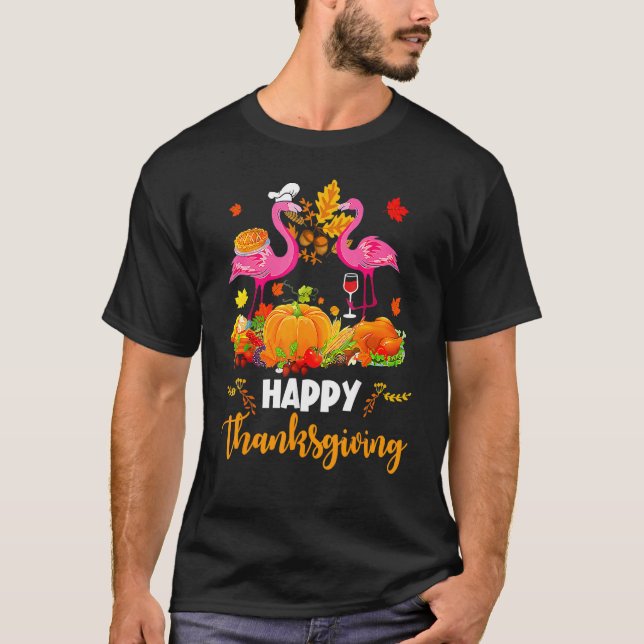 Camiseta Cool Happy Thanksgiving Flamingo Drinking Wine (Frente)