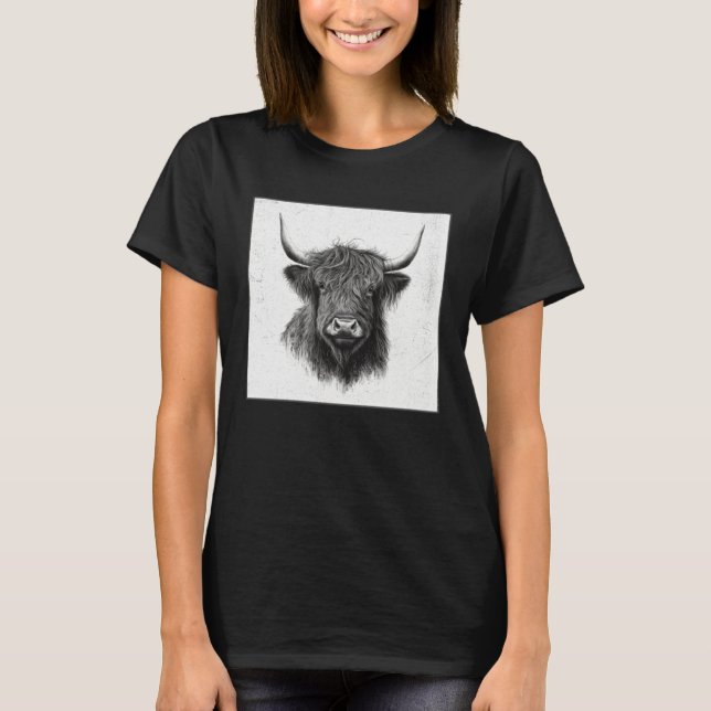 Camiseta Cool Highland Cow Illustration Black Horn Women Me (Frente)
