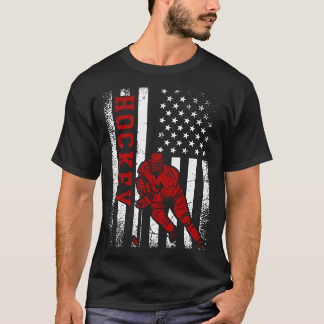 Camiseta Cool Ice Hockey Player Distressed USA American Fla (Frente)