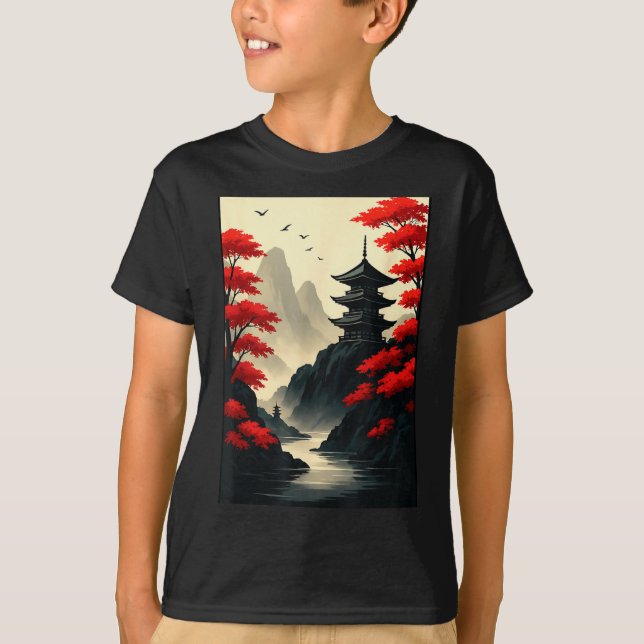 Camiseta Cool Japanese Pagoda Castle Mountain Landscape Gra (Frente)