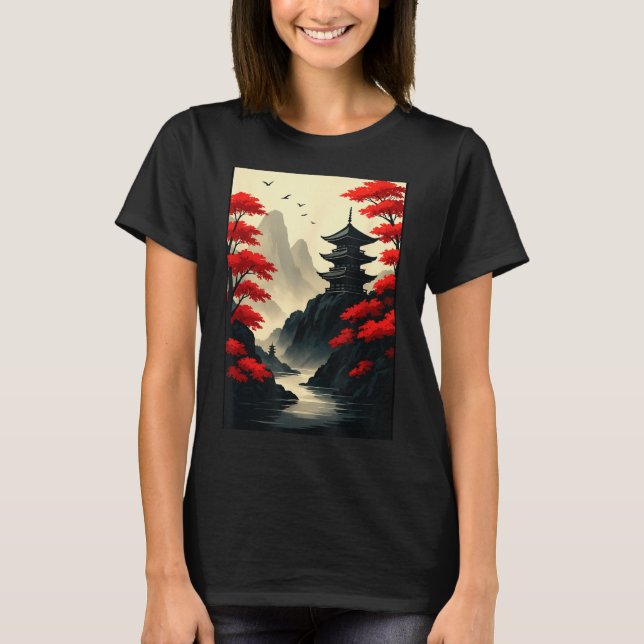 Camiseta Cool Japanese Pagoda Castle Mountain Landscape Gra (Frente)