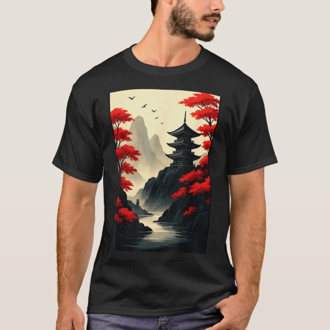 Camiseta Cool Japanese Pagoda Castle Mountain Landscape Gra (Frente)