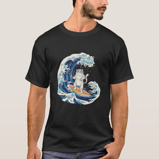 Camiseta Cool Japanese Wave Cat Surfing (Frente)