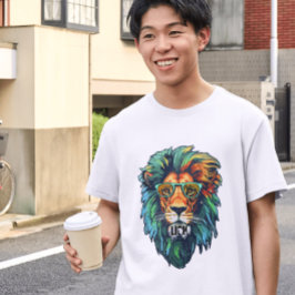 Camiseta Cool King – Leão Colorido com Design de Óculos de