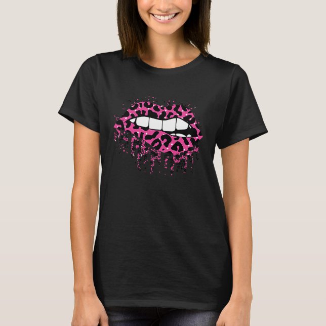 Camiseta Cool Lips Bite Kiss Me Leopard Print Cheetah Valen (Frente)