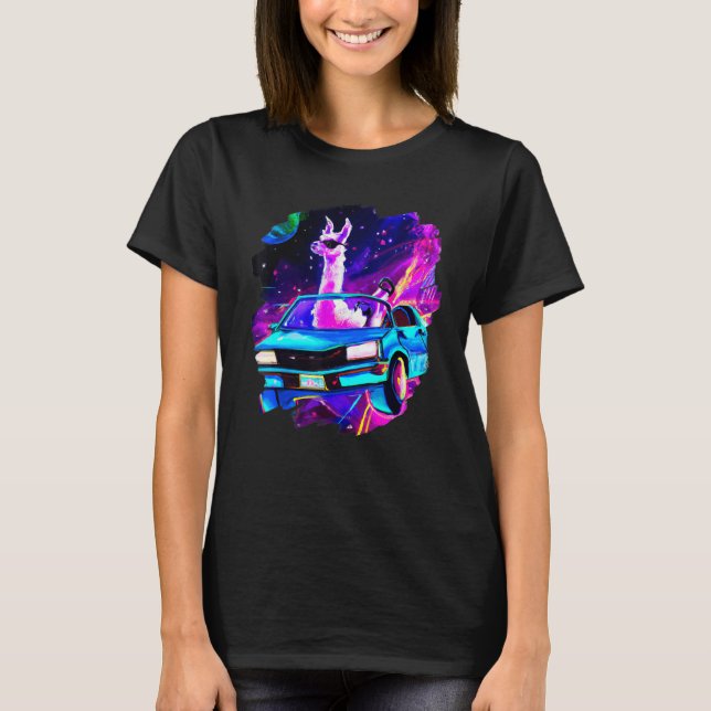 Camiseta Cool Llama Driving Sports Car In Space Alpaca  Lla (Frente)