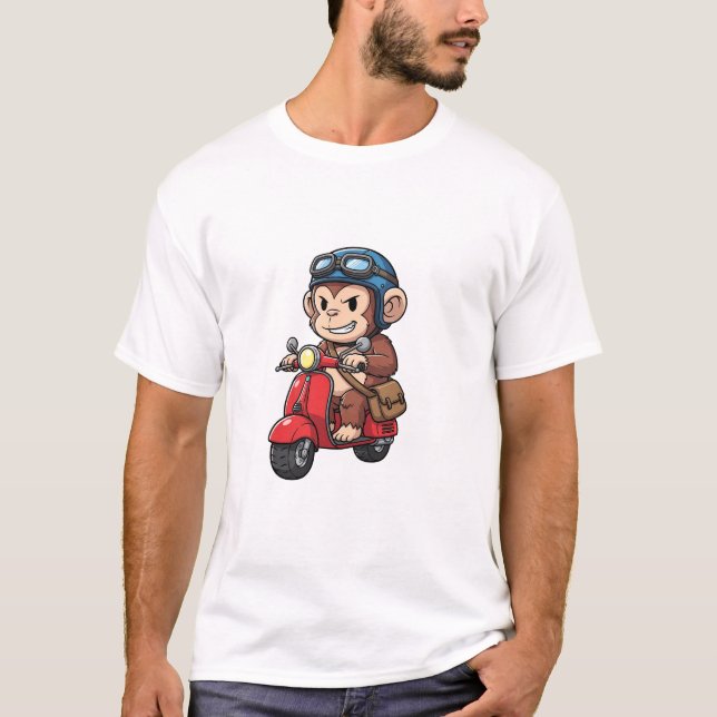 Camiseta Cool Monkey Courier Riding Red Retro Scooter (Frente)