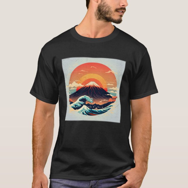 Camiseta Cool Mt Fuji Big Waves Illustration Sea Sunset Wom (Frente)
