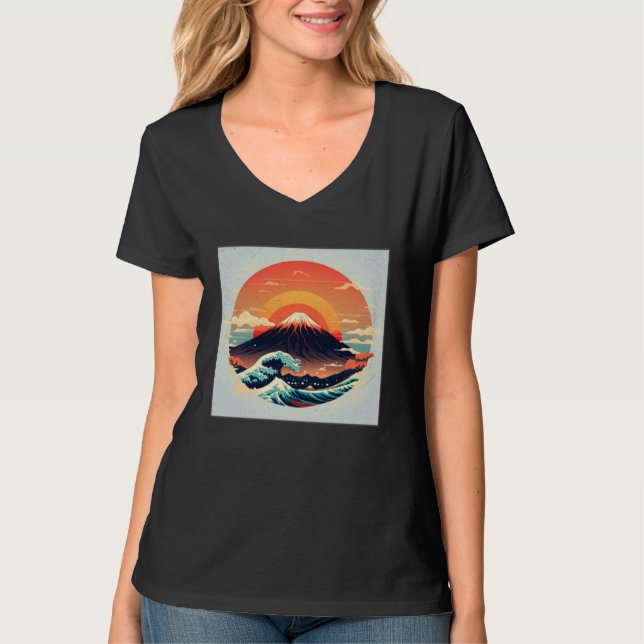Camiseta Cool Mt Fuji Big Waves Illustration Sea Sunset Wom (Frente)