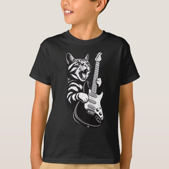 Camiseta Cool Music Love | Rock Cat Playing Electric Guitar (Frente)