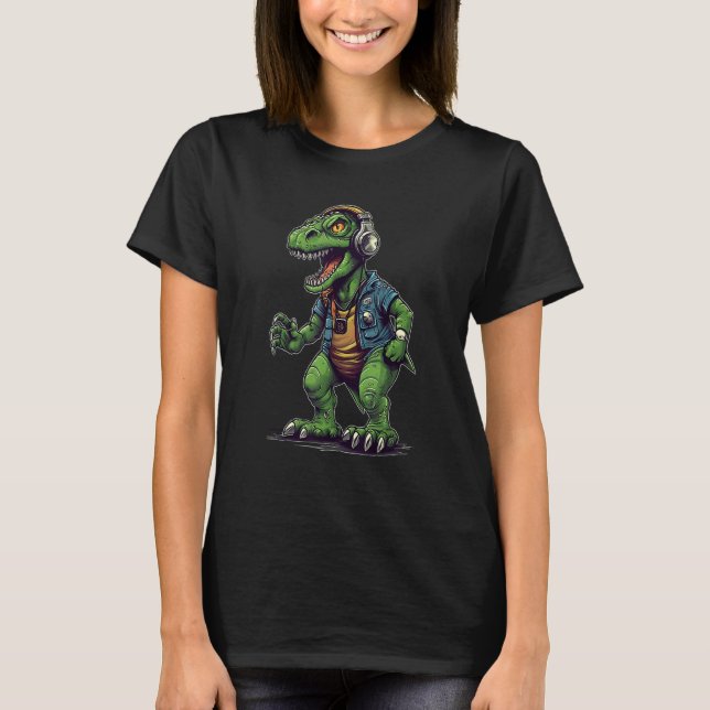 Camiseta Cool Rock and Roll Dinosaur Headphones Heavy Metal (Frente)
