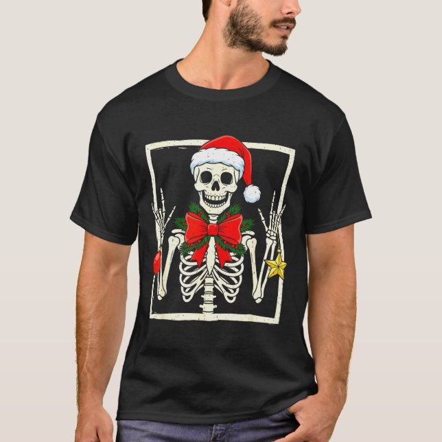 Camiseta Cool Rocker Skeleton Santa Hat Christmas Punk Rock (Frente)