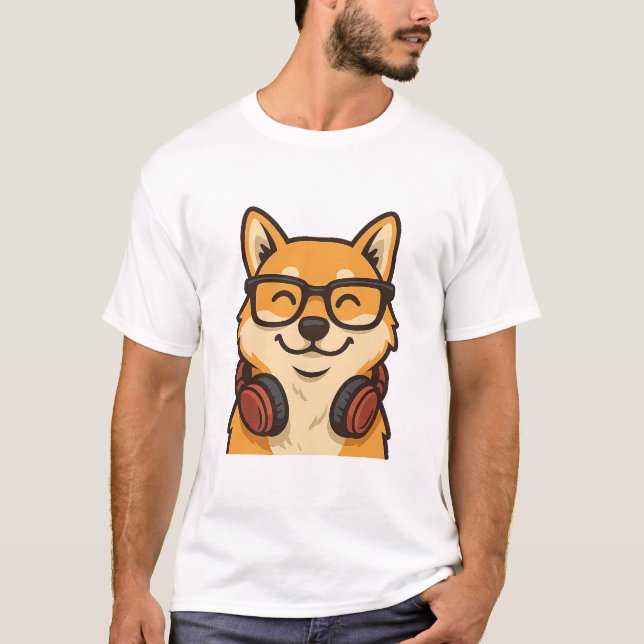 Camiseta Cool Shiba Inu with Glasses & Headphones — Fun Dog (Frente)