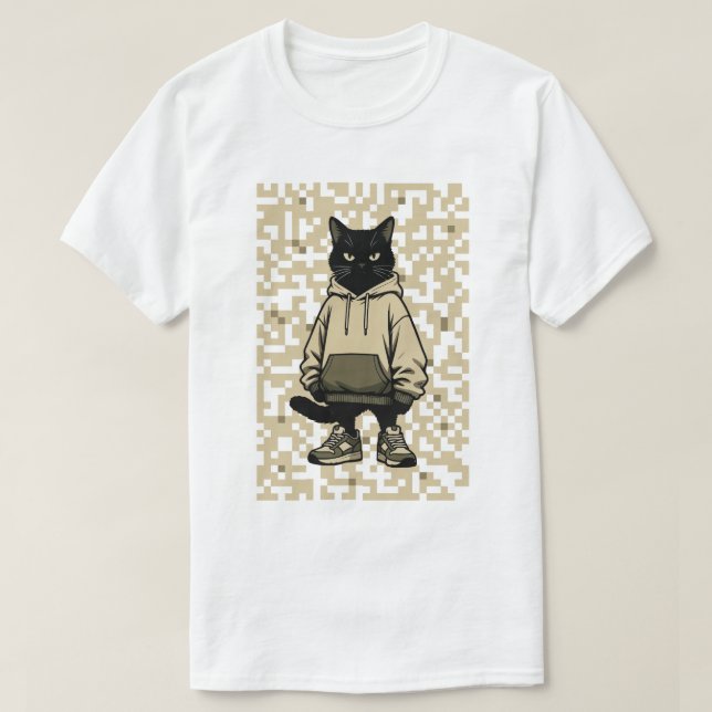 Camiseta Cool Streetwear Black Cat in Hoodie: Pixelated Urb (Frente do Design)