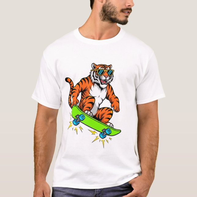 Camiseta Cool Tiger on Skateboard – Retro Street Style Cart (Frente)