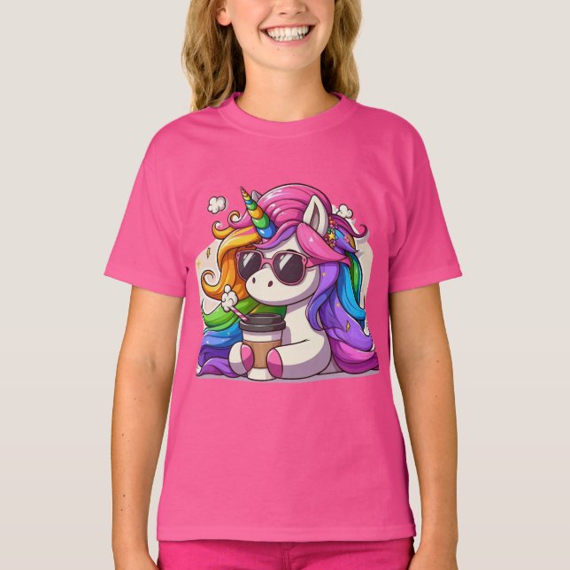 Camiseta Cool Unicorn with Sunglasses and Coffee (Frente)