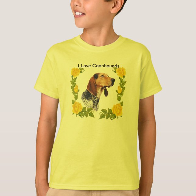 Camiseta Coonhound do inglês americano e rosas amarelos (Frente)