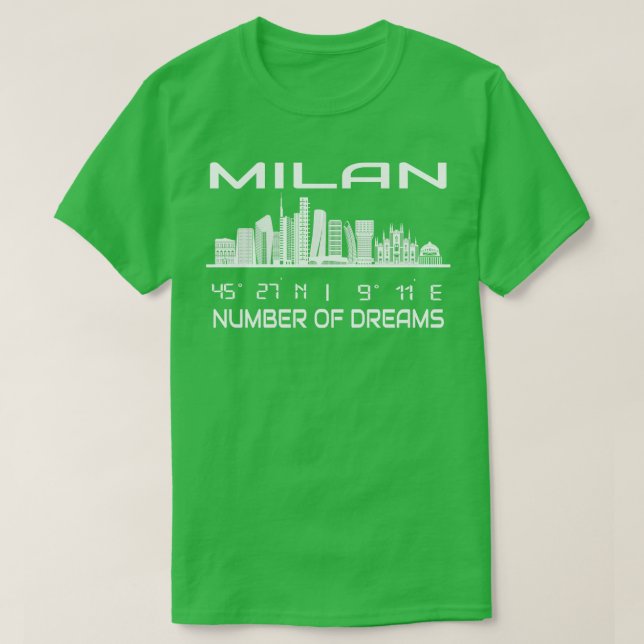 Camiseta Coordenadas GPS Cidade Milão Skyline Dream City 2 (Frente do Design)