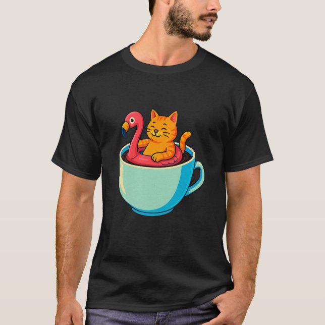 Camiseta Copo de Café Flamingo Flutuante de Gato Divertido  (Frente)