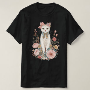 Camiseta Coqueta De Gato Floral De Algodão Rosas de Paste