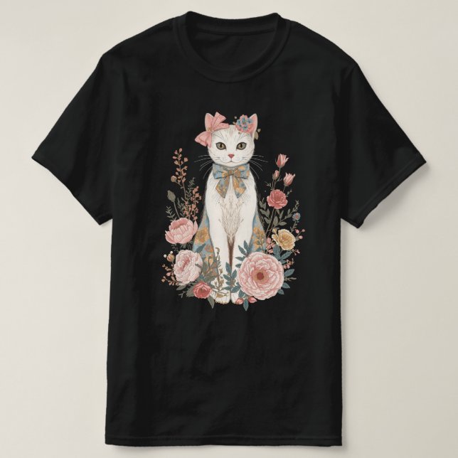 Camiseta Coqueta De Gato Floral De Algodão | Rosas de Paste (Frente do Design)