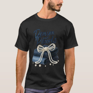 Camiseta Coquete de Denim e Pérolas para Senhoras Mulheres