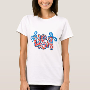 Camiseta Coquete Patriótico Floral EUA Arco T-Shirt