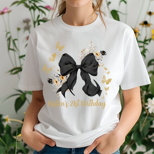 Camiseta Coquette Arco Preto Flores Silvestres Aniversário  (Elegant Black Bow Wildflowers tshirt)