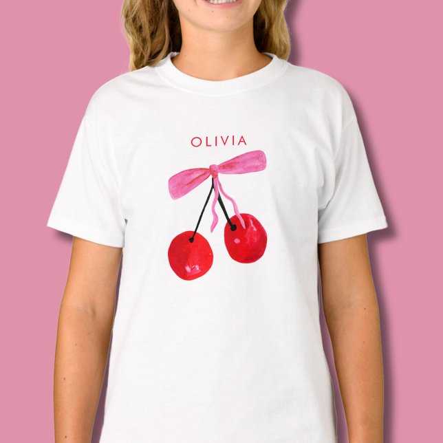 Camiseta Coquette Cherry & Arco (Coquette cherry and bow girly t-shirt. Personalize with your own name or initials.)
