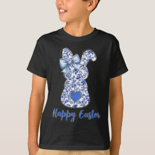 Camiseta Coquette Feliz Páscoa Azul Floral Chinoiserie Coel