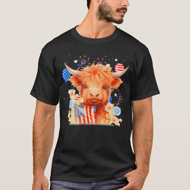 Camiseta Coquette Highland Cow, 4 De Julho, Cuta Patriótica (Frente)
