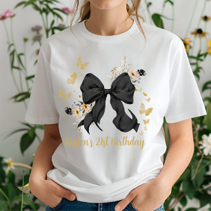 Camiseta Coquette Laço Preto Flores Silvestres Aniversário 