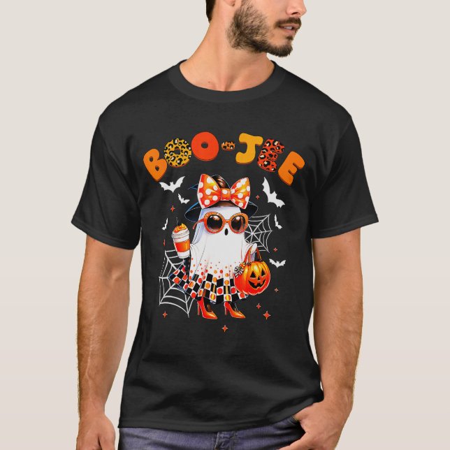 Camiseta Coquette Leopard Ghost Coffee Boo-jee Halloween Bo (Frente)