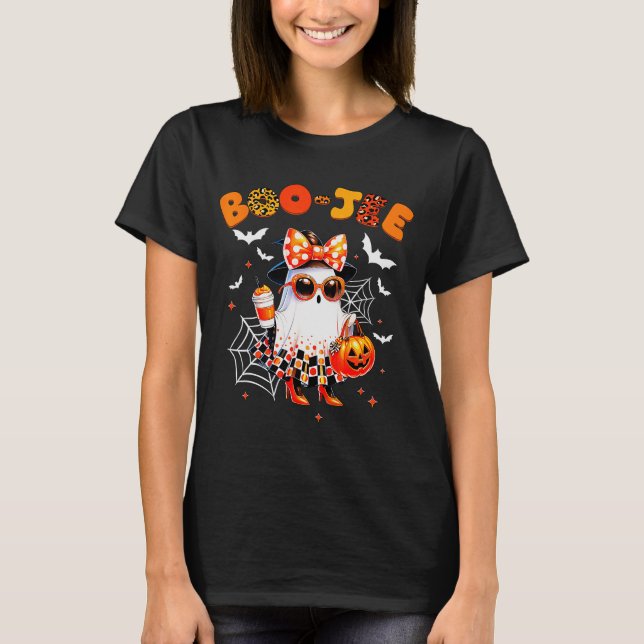 Camiseta Coquette Leopard Ghost Coffee Boo-jee Halloween Bo (Frente)