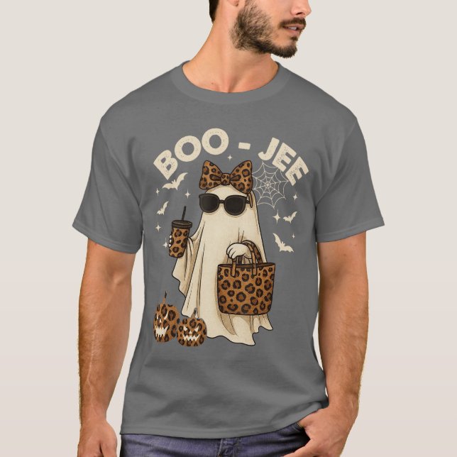Camiseta Coquette Leopard Ghost Coffee Boo JEE Halloween Bo (Frente)
