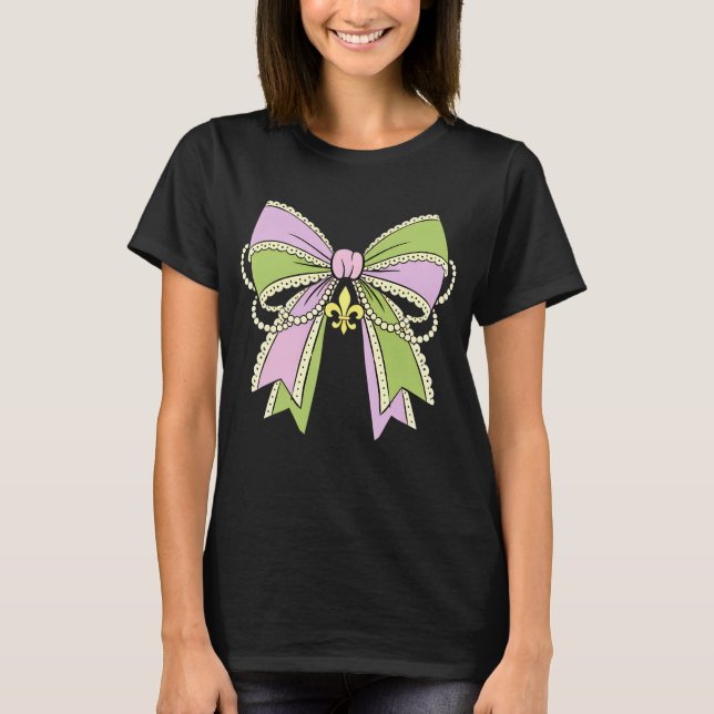 Camiseta Coquette Mardi Gras Bow Pearls Ribbon Women Girls  (Frente)
