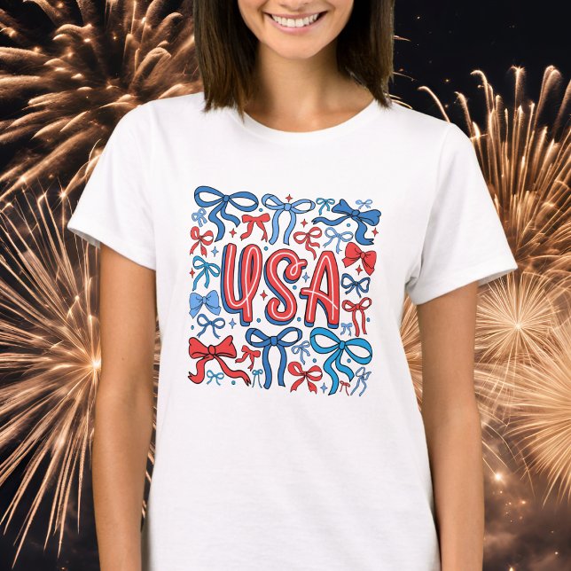 Camiseta Coquette Patriótica EUA com Laços e Estrelas Améri (Criador carregado)