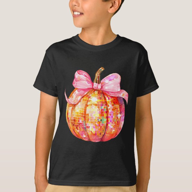 Camiseta Coquette Pumpkin Bow Disco Ball Cute Girly Hallowe (Frente)