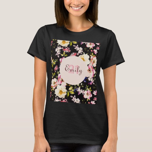 Camiseta Cor da Água Rosa e Rosas Amarelas em Preto, Aniver (Frente)