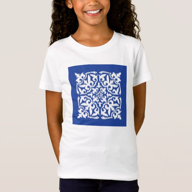 Camiseta Cor damasco Ikat - azul de cobalto e branco (Frente)