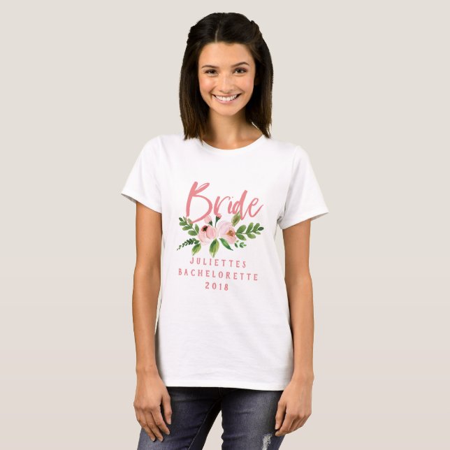 Camiseta cor-de-água floral de noiva rosa-esbranqu (Frente Completa)