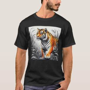 Camiseta Cor de Arte Tigre Desenho Branco Parcial Preto