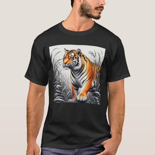 Camiseta Cor de Arte Tigre Desenho Branco Parcial Preto (Frente)